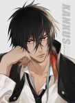  1boy 954740837 black_hair black_neckwear buttons character_name closed_mouth collar collarbone collared_shirt feathers grey_background hand_on_own_cheek katekyo_hitman_reborn! looking_at_viewer male_focus necktie red_eyes red_feathers scar shirt short_hair simple_background solo upper_body white_shirt xanxus 