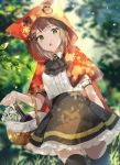  1girl :o arm_at_side ascot bad_id bad_pixiv_id basket black_legwear black_neckwear black_skirt blurry blurry_background bottle brown_hair button_eyes cape center_frills cowboy_shot day depth_charge eyebrows_visible_through_hair flower forest frilled_skirt frills glint green_eyes hair_ornament hairclip highres hood hood_up hooded_cape leaf little_red_riding_hood little_red_riding_hood_(grimm) looking_at_viewer nature open_mouth original outdoors red_cape shirt short_hair short_sleeves skirt solo sunlight thighhighs white_flower white_shirt wine_bottle x_hair_ornament yuhi_(hssh_6) zettai_ryouiki 
