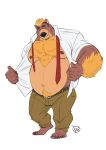  2019 absurd_res anthro arm_hair belly black_hair black_nose blonde_hair body_hair bottomwear brown_body brown_fur brown_nipples chest_hair clothing dress_shirt extracurricular_activities fur furrybob hair happy_trail harold_grifter hi_res looking_at_viewer male mammal mature_male multicolored_body multicolored_fur musclegut muscular muscular_male necktie nipples pants shirt simple_background solo standing topwear two_tone_body two_tone_fur undressing ursid white_background 