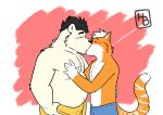  2019 absurd_res anthro belly blush duo felid feline hashburrowns hi_res hug humanoid_hands kissing male male/male mammal moobs navel overweight overweight_male simple_background towel 