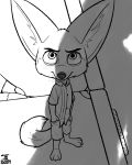  2019 anthro canid canine cheek_tuft clothed clothing digital_media_(artwork) disney face_tuft fennec finnick fox full-length_portrait fully_clothed fur hi_res inner_ear_fluff looking_at_viewer looking_up male mammal monochrome portrait pose shirt solo standing tangerine_(artist) topwear tuft zootopia 