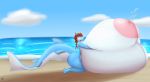  09hankris 2019 absurd_res anthro areola beach big_breasts big_tail bodily_fluids breasts cloud fish hair hi_res huge_breasts hyper hyper_breasts kneeling lactating long_hair marine nipples outside pink_nipples sand sea seaside shannon shark signature smile teeth thick_thighs water wide_hips 