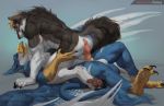  2019 3_toes 4_toes 5_fingers all_fours anthro anthro_on_anthro arm_tuft avian back_muscles balls beak bfw black_body black_fur black_penis blonde_hair blue_body blue_feathers butt butt_grab canid canine canis claws digital_media_(artwork) digitigrade duo elbow_tufts erection eye_contact eyebrows feathered_wings feathers fingers fluffy fluffy_tail fur grey_body grey_fur gryphon hair hand_on_butt hi_res honovy hot_dogging humanoid_penis interspecies jericko_(germanshepherd69) knot looking_at_another looking_at_partner lying male male/male mammal muscular muscular_male muscular_thighs neck_tuft nude on_back open_mouth pawpads paws penis pink_pawpads quads raised_tail sex simple_background spread_wings tail_tuft text toe_claws toes triceps tuft url vein veiny_penis white_body white_feathers white_fur wings wolf yellow_beak 