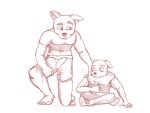  2019 4:3 age_difference andesc blush canid canine clothed clothing hand_on_shoulder hi_res male male/male mammal monochrome sketch teenager topless underwear young 