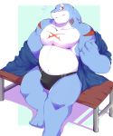  2018 anthro belly biped blue_body bulge clothing fish hi_res humanoid_hands kororoman male marine moobs overweight overweight_male shark sitting solo underwear undressing 