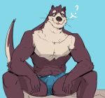  2019 ? anthro blue_background bulge c4h10o clothing humanoid_hands lutrine male mammal mustelid sea_otter simple_background sitting solo underwear 