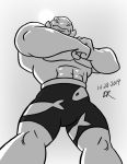  2019 abs alien big_muscles clothed clothing digital_drawing_(artwork) digital_media_(artwork) disney gantu gepredators grainy grey_background greyscale inktober lilo_and_stitch looking_at_viewer low-angle_view male monochrome muscular muscular_male simple_background solo swimming_trunks swimwear topless 