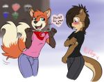  2018 anthro blush brown_body brown_fur bulge canid canine clothing dipstick_tail english_text fox fur girly hi_res lutrine male mammal multi_tail multicolored_body multicolored_fur multicolored_tail mustelid orange_body orange_fur ozzy_otter punk-pegasus shadow_the_kitsune shopping smile text underwear 