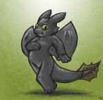  2010 4_fingers anthro anthrofied cute_fangs dragon dreamworks featureless_crotch fingers green_background green_eyes how_to_train_your_dragon looking_at_viewer male night_fury rousefox scalie simple_background solo source_request toothless western_dragon 