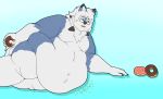  2019 absurd_res anthro belly big_belly blue_body blue_fur canid canine digital_media_(artwork) doughnut eating eyewear food fur glasses hair hi_res lycanroc lying male mammal moobs nintendo nude obese obese_male open_mouth overweight overweight_male pok&eacute;mon pok&eacute;mon_(species) rumbling_stomach simple_background solo text thefoxydragon thick_thighs video_games white_body white_fur 