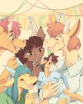  absurd_res anthro banner blush carrying claws diaper dragon eyes_closed family female group happy hi_res horn male open_mouth ozzybear party size_difference smile teeth 