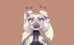  anthro brown_background clothed clothing fangs female fur grey_body grey_eyes grey_fur liki one_ear_up open_mouth simple_background solo tongue unknown_species white_body white_fur 