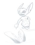  2019 3_toes absurd_res alien claws clothed clothing digital_drawing_(artwork) digital_media_(artwork) disney duo experiment_(lilo_and_stitch) feeding food fur greyscale head_tuft hi_res lilo_and_stitch marine monochrome muumuu notched_ear open_mouth open_smile plank ratcha sandwich_(food) simple_background sketch smile standing stitch_(lilo_and_stitch) toe_claws toes tuft white_background 