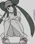  1girl artist_name bangs breasts closed_mouth commentary commission crossed_arms double_bun grey_background knees_together_feet_apart long_hair nude pokemon pokemon_(game) pokemon_bw2 pussy rosa_(pokemon) shoes sidelocks simple_background smile sneakers solo sooperman squatting twintails uncensored v visor_cap 