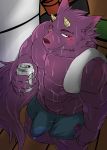  abs alcohol bathym beer beverage blush bulge canid canine canis clothing demon drinking fur hi_res horn inuyama_kensin male mammal muscular muscular_male nipples pecs purple_body purple_fur tokyo_afterschool_summoners towel underwear video_games wet wolf 