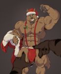  2017 5_fingers abs anthro beard biceps big_bulge big_muscles black_hair black_nipples black_nose brown_body brown_fur bulge canid canine canis christmas clothed clothing ear_piercing ear_ring eyebrow_piercing facial_hair facial_piercing fingers flexing fur green_eyes grin hair hat headgear headwear hi_res holidays huge_muscles jockstrap looking_at_viewer male mammal mistletoe muscular muscular_male nipples pecs penis_outline piercing plant santa_hat simple_background smile standing suspenders taoren tattoo teeth topless tremorwolf underwear veiny_muscles wolf 