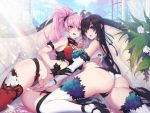  2girls ass black_hair blush brown_eyes elbow_gloves fingering gloves long_hair original photoshop pink_eyes pink_hair ponytail pubic_hair pussy pussy_juice ribbons rodway spread_legs thighhighs uncensored yuri 