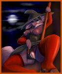  anthro breasts broom canid canine canis clb clothing clothing_aside female hat headgear headwear hi_res looking_at_viewer magic_user mammal misleading_thumbnail nipple_piercing nipples panties panties_aside piercing pink_eyes presenting presenting_pussy pussy solo underwear underwear_aside witch wolf 