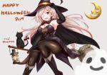  animal anthropomorphism baileys_(tranquility650) blush boots bow breasts brown_hair cape cat cleavage dress elbow_gloves eyepatch gloves gray hat kantai_collection long_hair moon pantyhose red_eyes signed witch_hat yuudachi_(kancolle) 