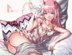  ass bed cropped darling_in_the_franxx gbsartworks green_eyes horns long_hair panties pink_hair signed underwear zero_two 