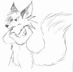  2007 anthro canid canine crossed_arms fluffy fluffy_tail fox fuzzy_(artist) mammal monochrome nude simple_background solo traditional_media_(artwork) white_background 