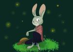  2018 abstract_background ambiguous_gender bottomwear clothed clothing disney fully_clothed fur grass green_background grey_body grey_fur hat headgear headwear judy_hopps lagomorph leporid looking_at_viewer mammal pants rabbit reddoushirousagi shirt simple_background sitting solo topwear zootopia 
