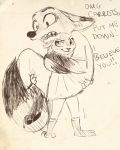  ! ambiguous_gender anthro astro-bunny bodily_fluids bottomwear canid canine carrying clothed clothing dialogue disney duo english_text fluffy fluffy_tail fox judy_hopps mammal nick_wilde open_mouth pants red_fox shirt sketch smile standing sweat sweatdrop teeth text tongue topwear zootopia 