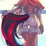  2019 5_fingers anthro black_tail bottomless butt butt_focus clothed clothing equid equine female fingers holding_tail legwear mammal margony my_little_pony poncho pussy rear_view red_tail solo striped_tail stripes teasing thigh_highs two_tone_tail 