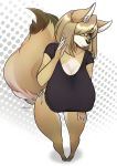  2018 absurd_res anthro barefoot big_breasts biped black_nose breasts brown_body brown_fur brown_hair canid canine canis cherrikissu cheyenne_(inu-dono) clothed clothing coyote digital_media_(artwork) eyewear female fur glasses hair hair_over_eye hi_res huge_breasts looking_at_viewer mammal natural_breasts paws shirt simple_background smile solo toes topwear white_body white_fur yellow_eyes 