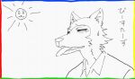  2019 animated anthro ay_59 beastars bodily_fluids breath canid canine canis clothed clothing japanese_text legosi_(beastars) licking male mammal open_mouth panting solo sun sweat text tongue tongue_out topwear wolf 