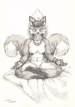  4_toes 5_fingers anthro areola biped breasts canid canine eyes_closed female fingers fox fur hair hi_res mammal nipples nude pussy scale_(artist) sitting solo toes traditional_media_(artwork) 
