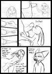  absurd_res anthro anthro_on_anthro balls black_and_white bottomwear breasts buckteeth canid canine clothed clothing comic condom dialogue disney english_text female fox hi_res humanoid_penis judy_hopps lagomorph leporid licking male male/female mammal monochrome nick_wilde nipples oral pants penile penis penis_lick rabbit sex shirt sketch synnfultiger teeth text tongue tongue_out topwear zootopia 