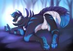  4_toes 5_fingers anthro balls black_body black_fur blue_body blue_eyes blue_fur blue_nose blue_pawpads canid canine canis day detailed_background fingers forest fur grass hybrid lycangel male mammal nude outside pawpads solo toes tree wolf 