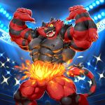  1:1 2018 5_fingers abs alternate_version_at_source anthro armpit_hair barazoku big_muscles black_body black_fur black_nipples body_hair claws detailed_background featureless_crotch felid fingers fire fur green_eyes hi_res huge_muscles incineroar looking_at_viewer male mammal muscular muscular_male nintendo nipples pecs pink_nose pok&eacute;mon pok&eacute;mon_(species) pose red_body red_fur rujirublkdragon sharp_teeth smile solo stadium teeth text video_games yellow_sclera 
