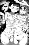  2girls angry animal bangs bare_shoulders bat bat_wings black-framed_eyewear black_nails blood blood_on_face blush blush_stickers breasts censored closed_mouth d.va_(overwatch) glasses greyscale halloween highres lower_teeth mei_(overwatch) mole mole_under_eye monochrome multiple_girls mummy_costume navel open_mouth overwatch pubic_hair roropull shiny shiny_hair silhouette small_breasts star star_censor sweat teeth vampire_costume wings 