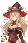  1girl belt breasts cleavage closed_mouth corrin_(fire_emblem) corrin_(fire_emblem)_(female) detached_collar fire_emblem fire_emblem_fates halloween_costume hat highres lantern long_hair red_eyes simple_background smile solo spiffydc twitter_username upper_body white_background white_hair witch_hat 