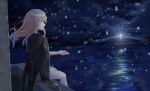 black_coat blue_eyes breasts cloud cloudy_sky hands highres large_breasts lighthouse long_hair lux_(pixiv4480548) moon night night_sky ocean shirt silver_hair sitting sky snow warship_girls_r 
