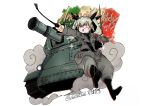 anchovy anzio_military_uniform artist_name bangs belt black_neckwear black_ribbon boots carro_armato_p40 character_name commentary dated drill_hair english_text eyebrows_visible_through_hair flag_background floating girls_und_panzer green_hair grey_pants ground_vehicle hair_ribbon happy_birthday holding italian_commentary italian_flag knee_boots long_hair military military_vehicle motor_vehicle necktie open_mouth pants pointing red_eyes ribbon riding_crop sam_browne_belt signature smirk smoke sparkle tank tsukasa-emon twin_drills twintails twitter_username 