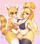  &lt;3 absurd_res aggressive_retsuko ailurid animal_crossing anthro big_breasts blush bodily_fluids bra breast_squish breasts canid canine canis cleavage clothed clothing curvy_figure digital_media_(artwork) domestic_dog dotted_background duo female fingers fur hair hi_res isabelle_(animal_crossing) kitsuumi legwear looking_at_viewer mammal nintendo one_eye_closed open_mouth panties pattern_background red_panda retsuko sanrio shih_tzu simple_background squish sweat thick_thighs toy_dog underwear video_games voluptuous wide_hips wink 