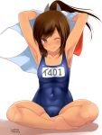  1girl armpits arms_up barefoot blue_swimsuit breasts brown_eyes brown_hair dated full_body hair_ornament hairclip highres i-401_(kantai_collection) indian_style kantai_collection looking_at_viewer name_tag one-piece_tan one_eye_closed ponytail school_swimsuit shirt_removed short_hair short_ponytail simple_background sitting small_breasts solo swimsuit takase_muu tan tanline twitter_username undressing white_background 