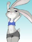  alec8ter anthro blue_background bottomwear breasts clothed clothing crop_top disney female front_view fur gradient_background grey_body grey_fur hotpants judy_hopps lagomorph leporid mammal midriff navel one_eye_closed pink_nose purple_eyes rabbit scut_tail shirt shorts simple_background smile solo topwear white_body white_fur zootopia 