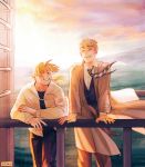  2boys ^_^ against_railing alphonse_elric artist_name backlighting black_pants black_shirt blonde_hair blush brothers brown_coat buttons clear_sky clenched_teeth closed_eyes clothes_lift coat commentary day dress_shirt edward_elric english_commentary eyebrows_visible_through_hair fingernails floating_hair fullmetal_alchemist grass hand_rest happy highres hood hood_down hooded_jacket jacket male_focus mountain multiple_boys nature necktie orange_sky outdoors pants purple_sky railing shirt siblings sky smile sun sunset teeth upper_teeth viktoria_ridzel waistcoat white_shirt wind wind_lift 