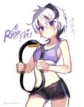  1girl :&lt; black_shorts blush closed_mouth commentary cowboy_shot english_text exercise floral_print flower_(vocaloid) highres holding joy-con midriff multicolored_hair nou purple_eyes purple_hair purple_sports_bra ring-con ring_fit_adventure short_hair short_shorts shorts solo sports_bra streaked_hair sweat translated twitter_username v-shaped_eyebrows v_flower_(vocaloid4) vocaloid white_background white_hair 