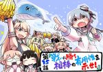  1other 6+girls =_= aqua_neckwear bangs black_eyes black_hair black_ribbon blonde_hair blue_background blue_eyes blue_hair blue_sailor_collar blunt_bangs blush_stickers breasts candy chocolate_bar closed_eyes colorado_(kantai_collection) commentary_request dixie_cup_hat double_bun fang fingerless_gloves fletcher_(kantai_collection) food gambier_bay_(kantai_collection) glasses gloves hat hat_ribbon hatsuyuki_(kantai_collection) headgear hime_cut intrepid_(kantai_collection) iowa_(kantai_collection) johnston_(kantai_collection) kantai_collection large_breasts little_blue_whale_(kantai_collection) long_hair long_sleeves makigumo_(kantai_collection) military_hat multiple_girls navy_cross neckerchief no_nose nobuyoshi-zamurai official_art one_eye_closed pink_hair pointing pom_poms ribbon sailor_collar samuel_b._roberts_(kantai_collection) saratoga_(kantai_collection) school_uniform serafuku shirt short_hair skin_fang sleeve_cuffs sleeves_past_fingers sleeves_past_wrists star star-shaped_pupils symbol-shaped_pupils thighhighs translation_request twintails upper_body whale white_headwear white_shirt yellow_eyes 