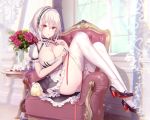 1girl :o absurdres anchor_choker armchair ass azur_lane bangs blush breasts chair choker cleavage collarbone cup curtains day dress eyebrows_visible_through_hair flower full_body hair_between_eyes hairband high_heels highres indoors lace-trimmed_hairband large_breasts looking_at_viewer maid pink_flower pink_rose pottsness puffy_sleeves red_eyes ribbon-trimmed_legwear ribbon_trim rose rudder_footwear short_hair short_sleeves sidelocks sirius_(azur_lane) sitting solo teacup teapot thighhighs thighhighs_pull vase white_hair white_legwear window 
