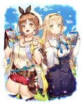  2girls :d atelier_(series) atelier_ryza belt blonde_hair blue_nails blue_ribbon breasts brown_eyes brown_hair cleavage commentary_request cover game_cover green_eyes hair_ornament hair_ribbon hairband hairclip hat highres holding jewelry klaudia_valentz long_hair looking_at_viewer medium_breasts multiple_girls nail_polish navel necklace open_mouth red_nails red_shorts reisalin_stout revision ribbon short_hair short_shorts shorts smile star star_necklace thighhighs v w2398510474 white_headwear white_legwear white_ribbon 