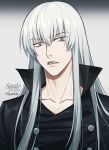  1boy 954740837 black_coat buttons character_name collar collarbone collared_coat grey_background high_collar katekyo_hitman_reborn! long_hair looking_at_viewer male_focus open_mouth silver_eyes silver_hair simple_background solo superbi_squalo upper_body 
