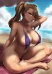  1girl beach beach_umbrella belly blush breasts brown_eyes brown_hair cameltoe covered_nipples crossed_legs day gundam gundam_build_fighters gundam_build_fighters_try highres huge_breasts long_hair looking_at_viewer navel ocean outdoors packge plump sand sazaki_kaoruko shiny shiny_hair shiny_skin sitting sky slingshot_swimsuit solo strap_gap swimsuit thick_thighs thighs twintails umbrella water 