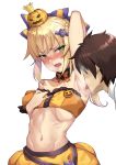  1boy 1girl absurdres alternate_costume alternate_hairstyle armpit_licking armpits bare_shoulders blonde_hair blush bow braid breasts brown_hair commentary_request eyebrows_visible_through_hair fangs fate/grand_order fate_(series) fujimaru_ritsuka_(male) green_eyes hair_bow hair_ornament halloween_costume highres licking long_hair looking_at_viewer mordred_(fate) mordred_(fate)_(all) nekosama_shugyouchuu open_mouth orange_skirt ponytail pumpkin simple_background skirt solo_focus tongue tongue_out upper_body white_background 