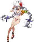  1girl :d bangs bikini blue_bow bow bracelet braid breasts cleavage collarbone earrings floating_hair flower full_body groin hair_between_eyes hair_bow hair_flower hair_ornament halterneck hibiscus highres holding holding_water_gun jewelry langrisser langrisser_iii large_breasts long_hair looking_at_viewer luna_(langrisser) nail_polish navel off-shoulder_shirt off_shoulder official_art pink_nails red_bikini red_eyes red_flower red_ribbon ribbon shirt short_sleeves side-tie_bikini silver_hair smile solo standing star_(symbol) star_earrings striped striped_bikini swimsuit tied_shirt transparent_background twin_braids twintails very_long_hair water_gun wet wet_clothes wet_shirt white_shirt x_hair_ornament 